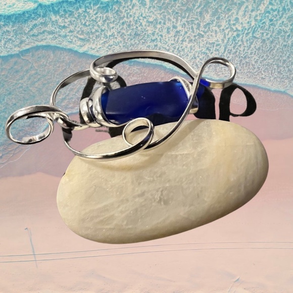 Cobalt Blue Pompano Beach Glass Freeform Pendant With Large Bale - Picture 2 of 3